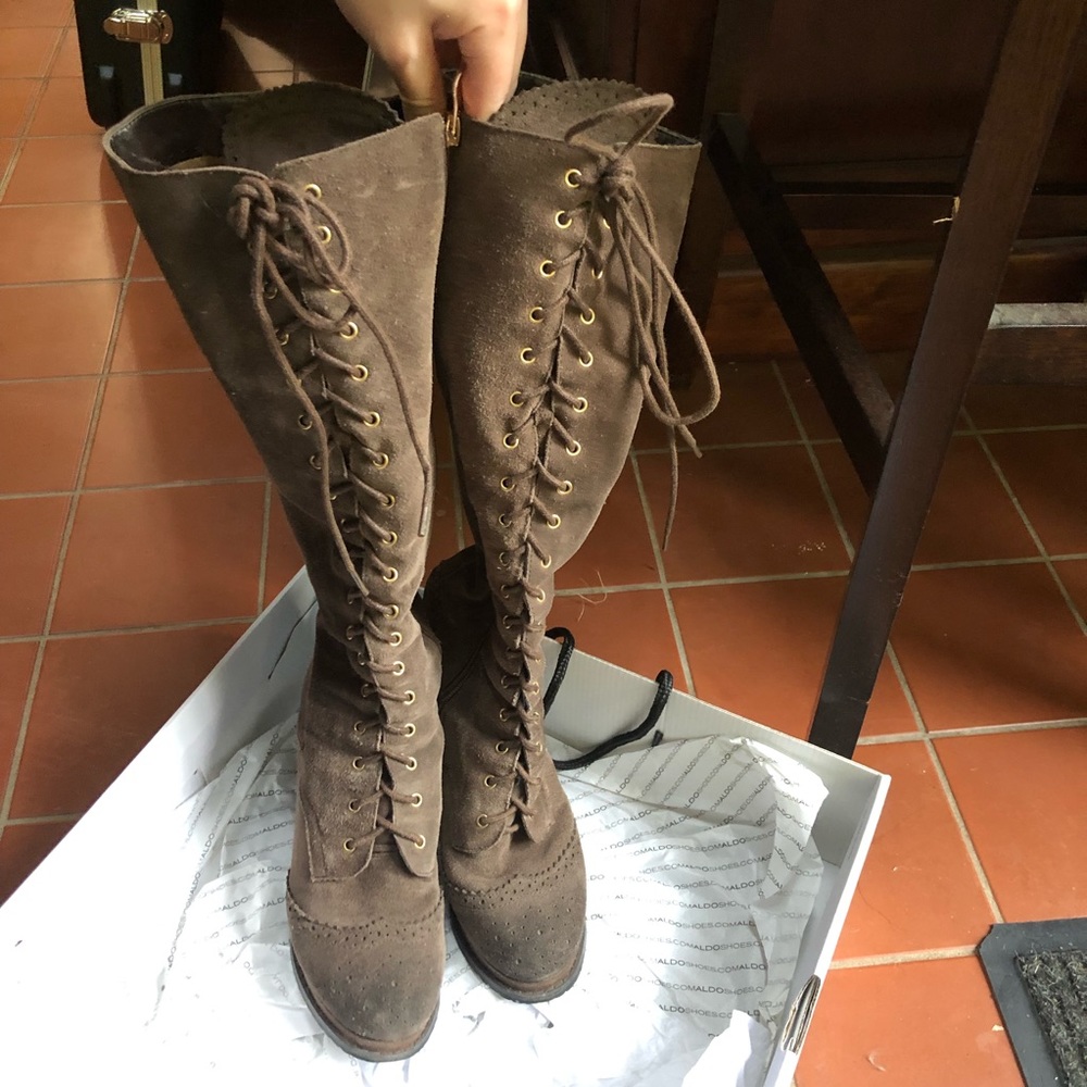 Brown Laced zip-up Genuine Leather Knee High Boots